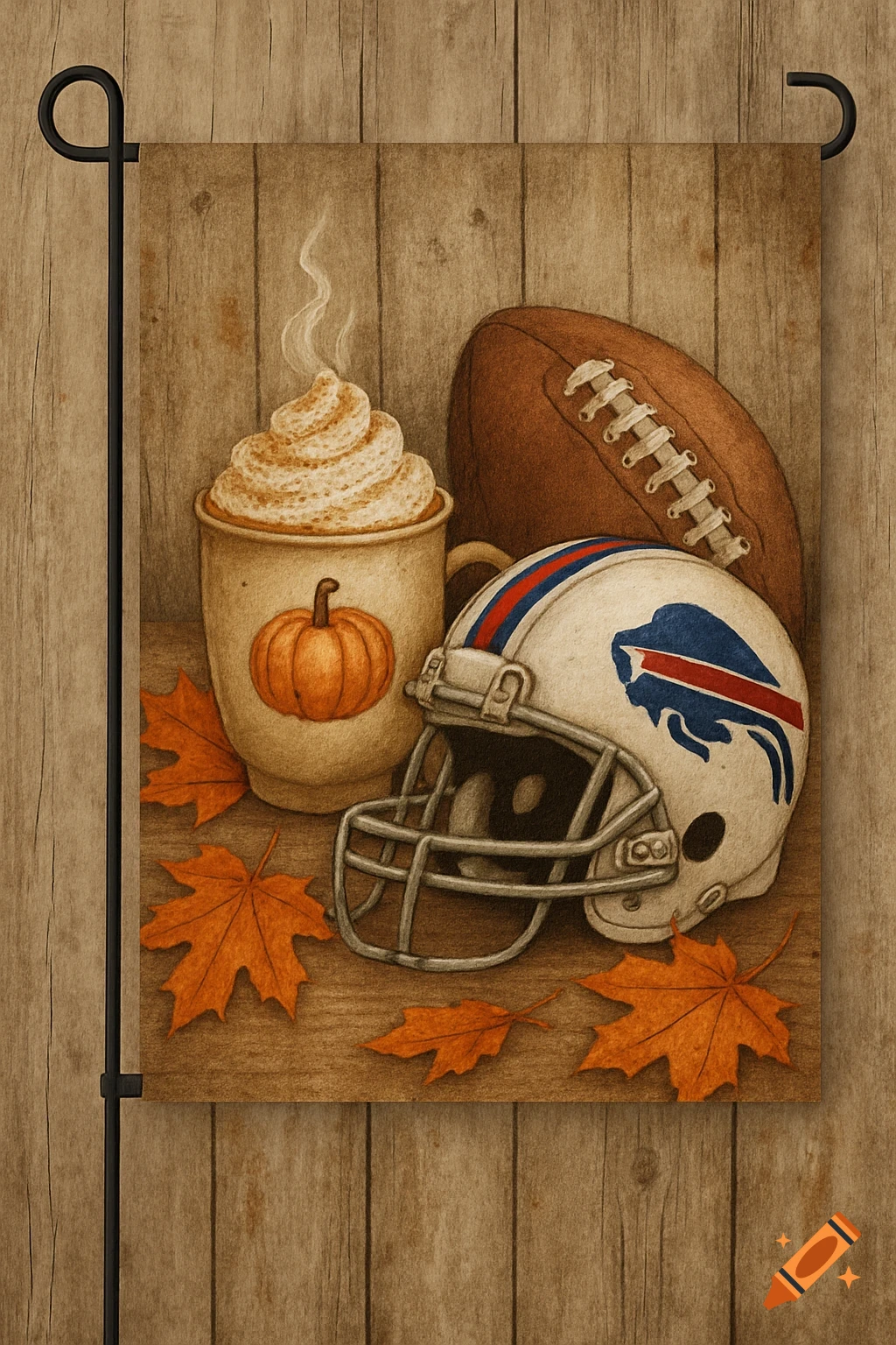 A rustic garden flag with a pumpkin spice latte, a football, a Buffalo Bills helmet, and autumn leaves on a wooden background.