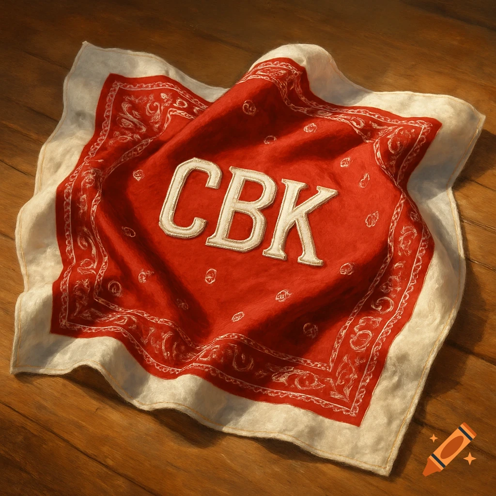 A red and white bandana with 'CBK' embroidered in white, lying on a wooden floor.