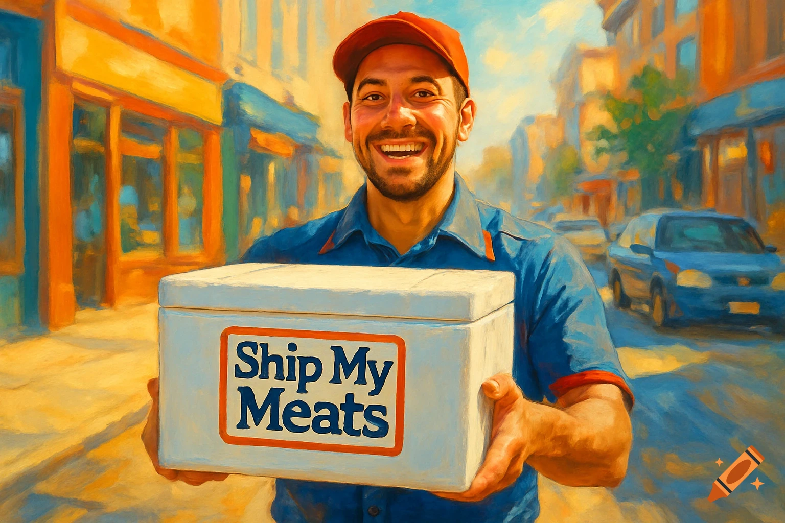 A smiling delivery man holds a white cooler labeled "Ship My Meats" on a sunny street, impressionistic painting.
