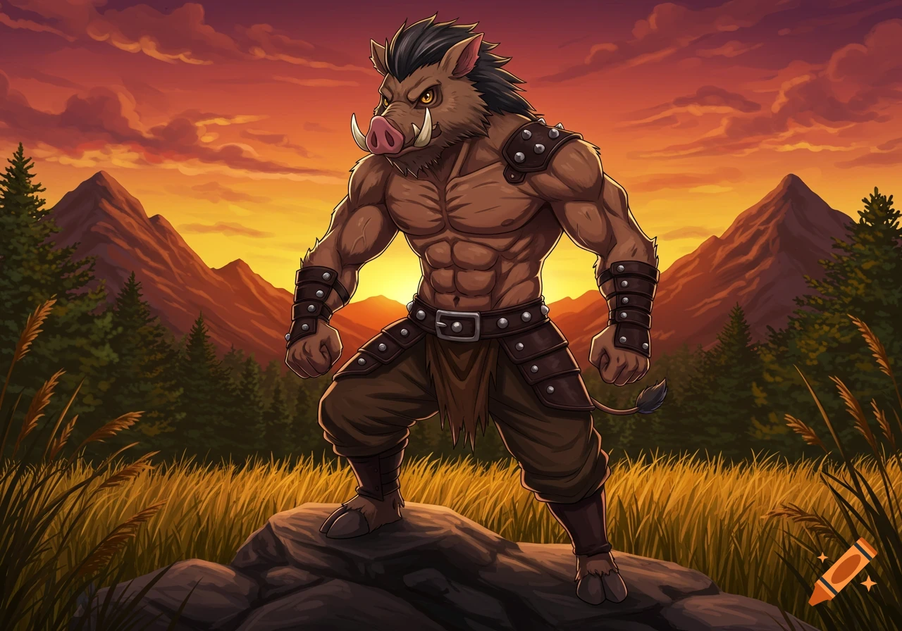 A muscular anime boar warrior in a tough studded leather outfit stands on a rock against a sunset sky with mountains and fields.