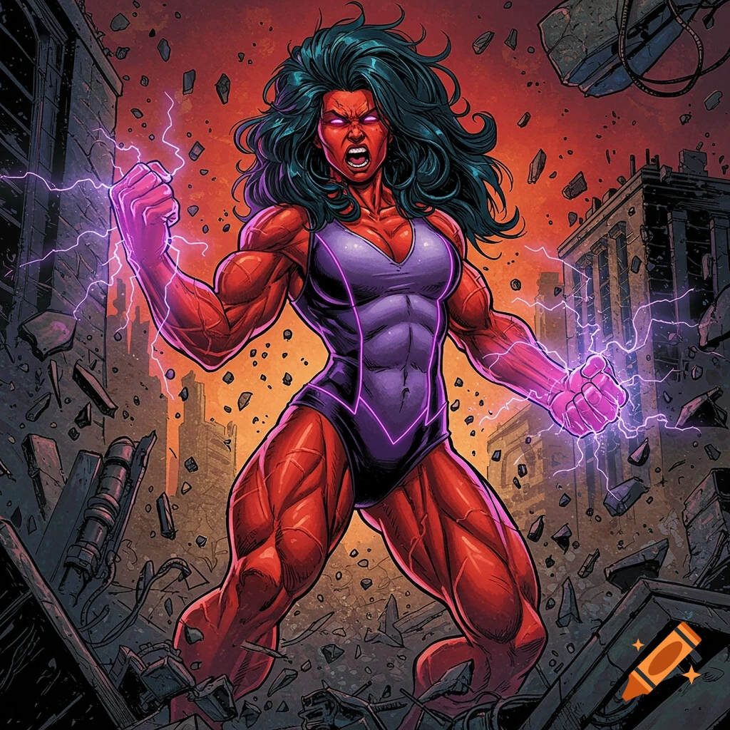 Red She-Hulk flexing with purple lightning in a destroyed city, comic book art style.