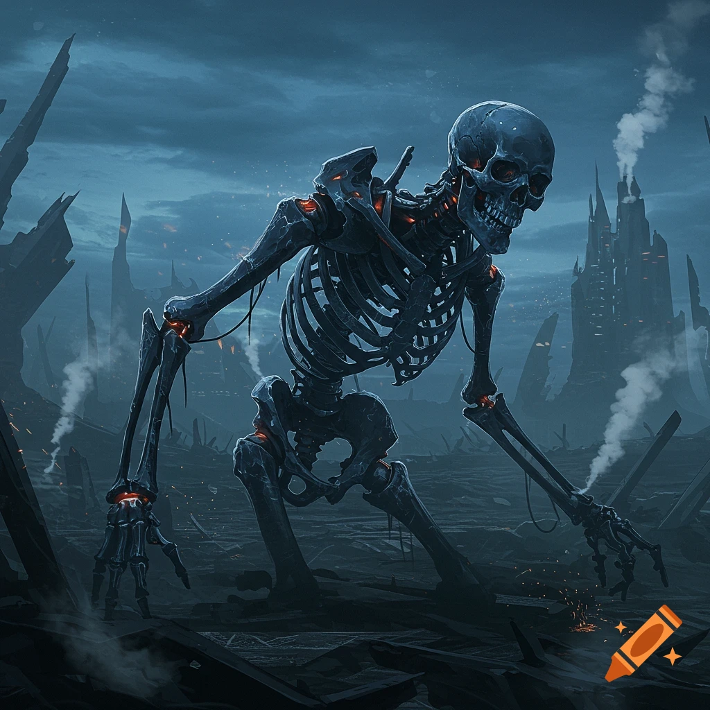 A large, dark metallic skeleton with glowing red joints crouches in a ruined, desolate landscape with ominous spires.
