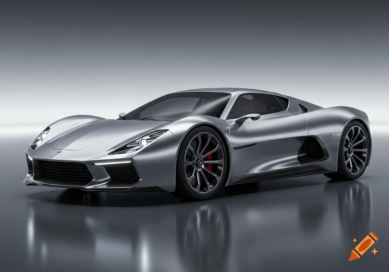 A sleek, silver, futuristic hypercar is parked on a reflective surface in a studio setting.