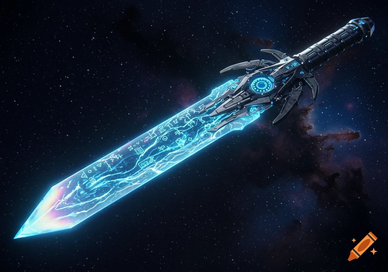 A sci-fi energy sword with a blue glowing blade and intricate dark hilt, floating in space with stars and nebulas.