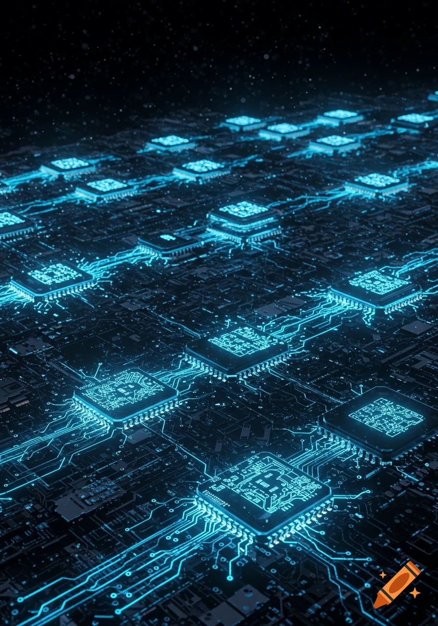 Close-up of interconnected computer chips and glowing blue circuits on a dark background, representing data flow.