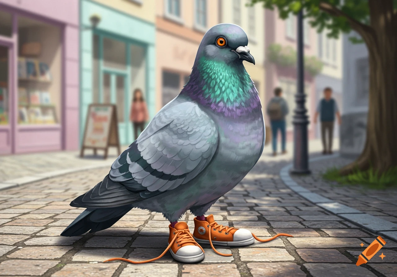 A stylized pigeon wearing orange sneakers with untied laces stands on a cobblestone street in a city.