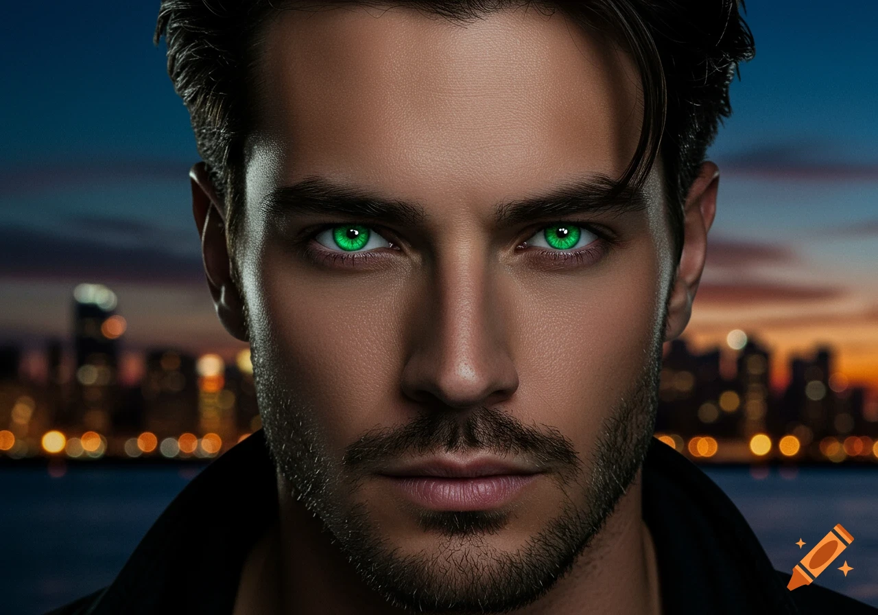 Photorealistic portrait of a man with bright green eyes and a beard, against a blurry city skyline at dusk.
