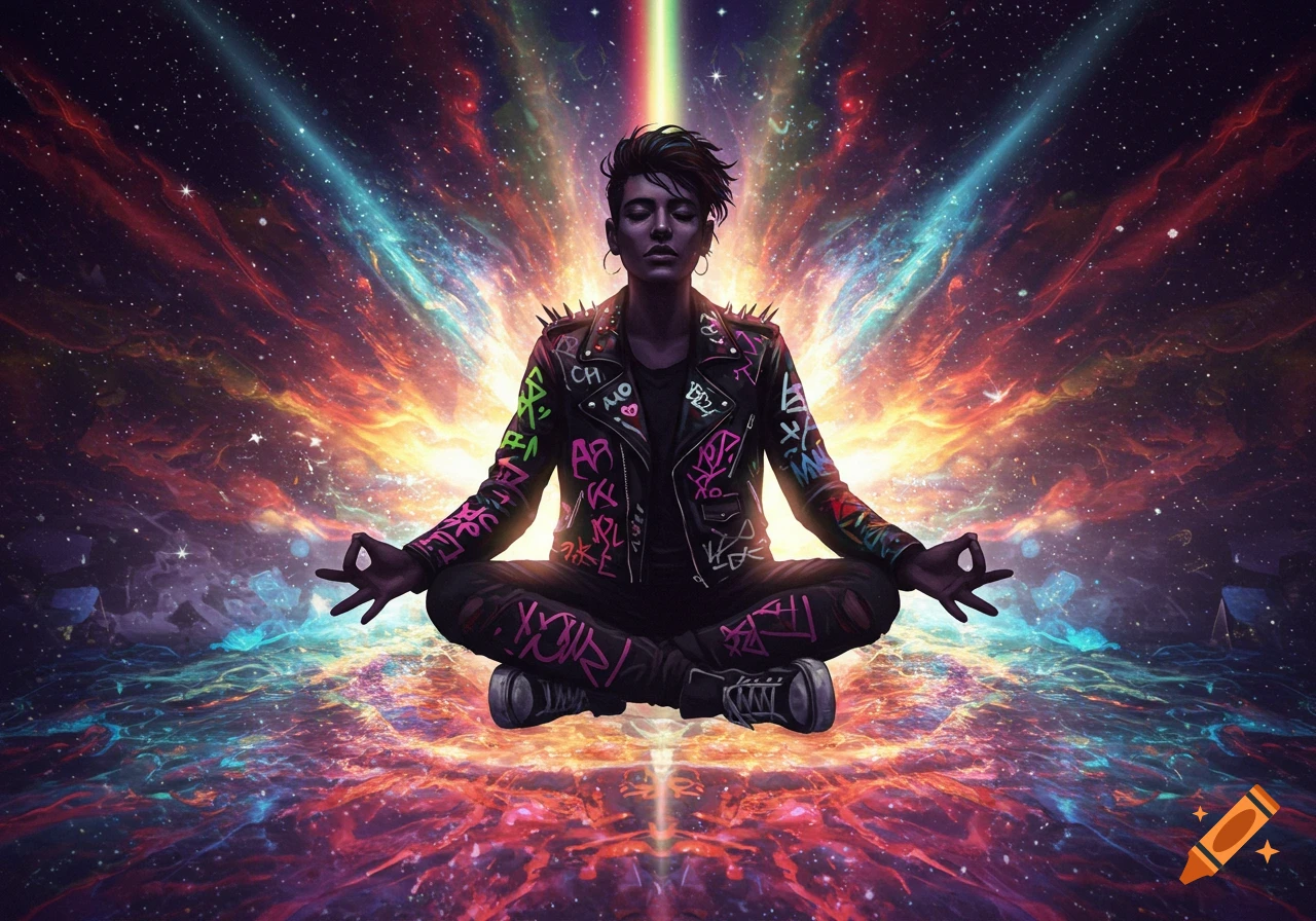 A person in a spiked, graffiti-covered jacket meditates in a lotus position, surrounded by a vibrant, psychedelic cosmic background with a rainbow light beam.