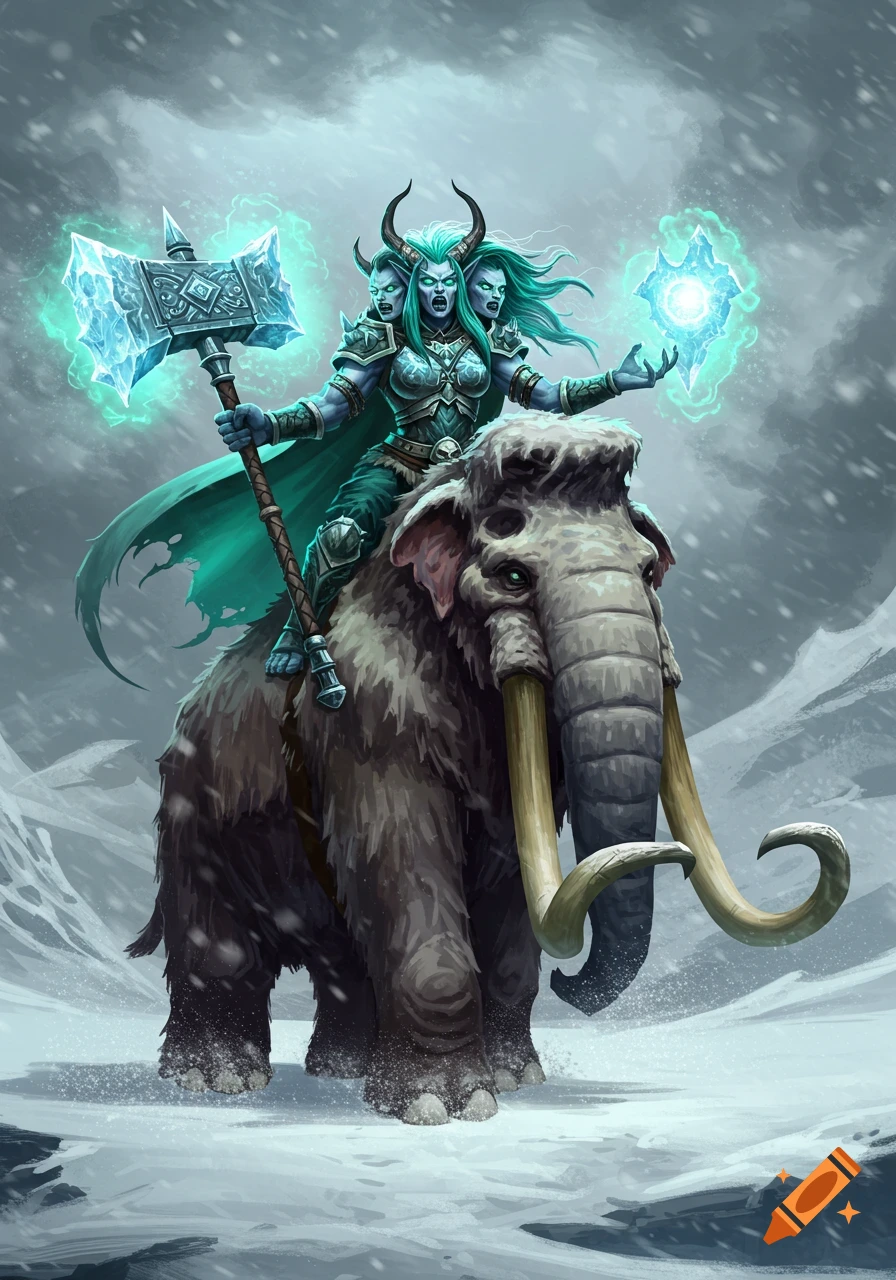 A three-headed frost giant rides a woolly mammoth in a snowy, mountainous landscape, holding a glowing icy hammer.