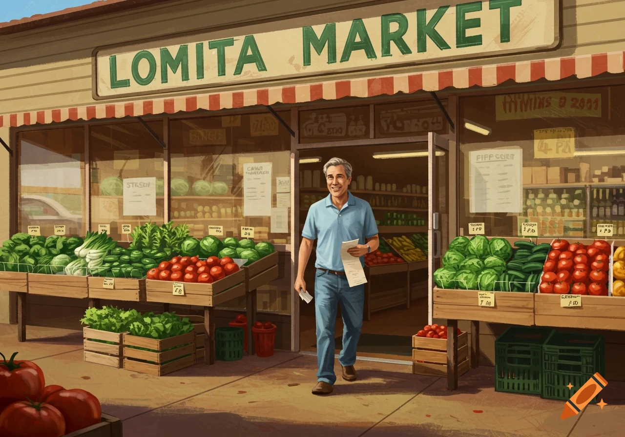 An illustrated man with graying hair exits Lomita Market, holding a shopping list, with fresh produce stalls outside.