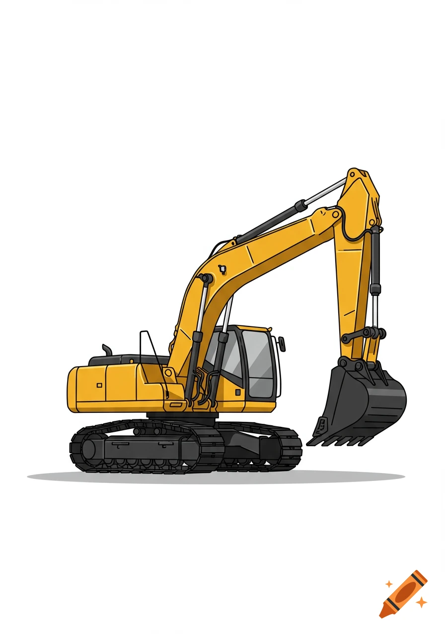 A bright yellow excavator with black tracks and a large bucket, rendered in a clean vector art style on a white background.