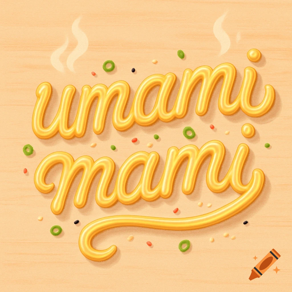 Stylized 3D golden noodle lettering spelling "umami mami" on a textured background with small green and red food particles and steam.