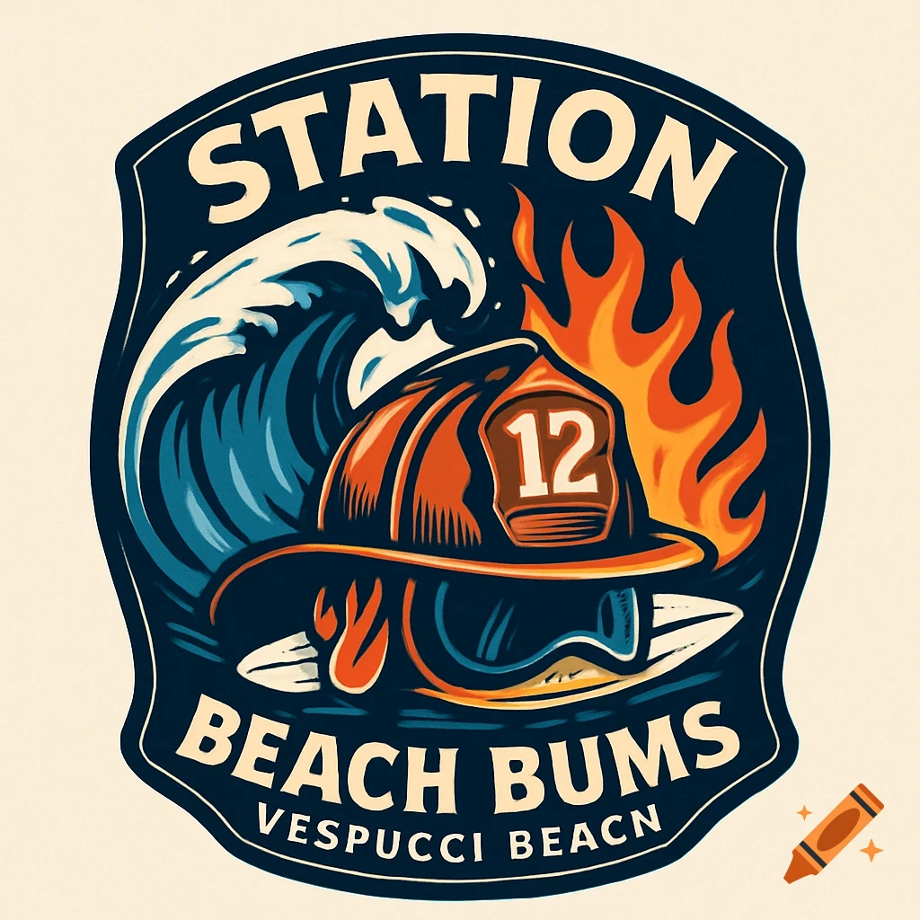 A shield logo featuring a firefighter helmet with number 12, a wave, and flames. Text reads STATION BEACH BUMS VESPUCCI BEACN.