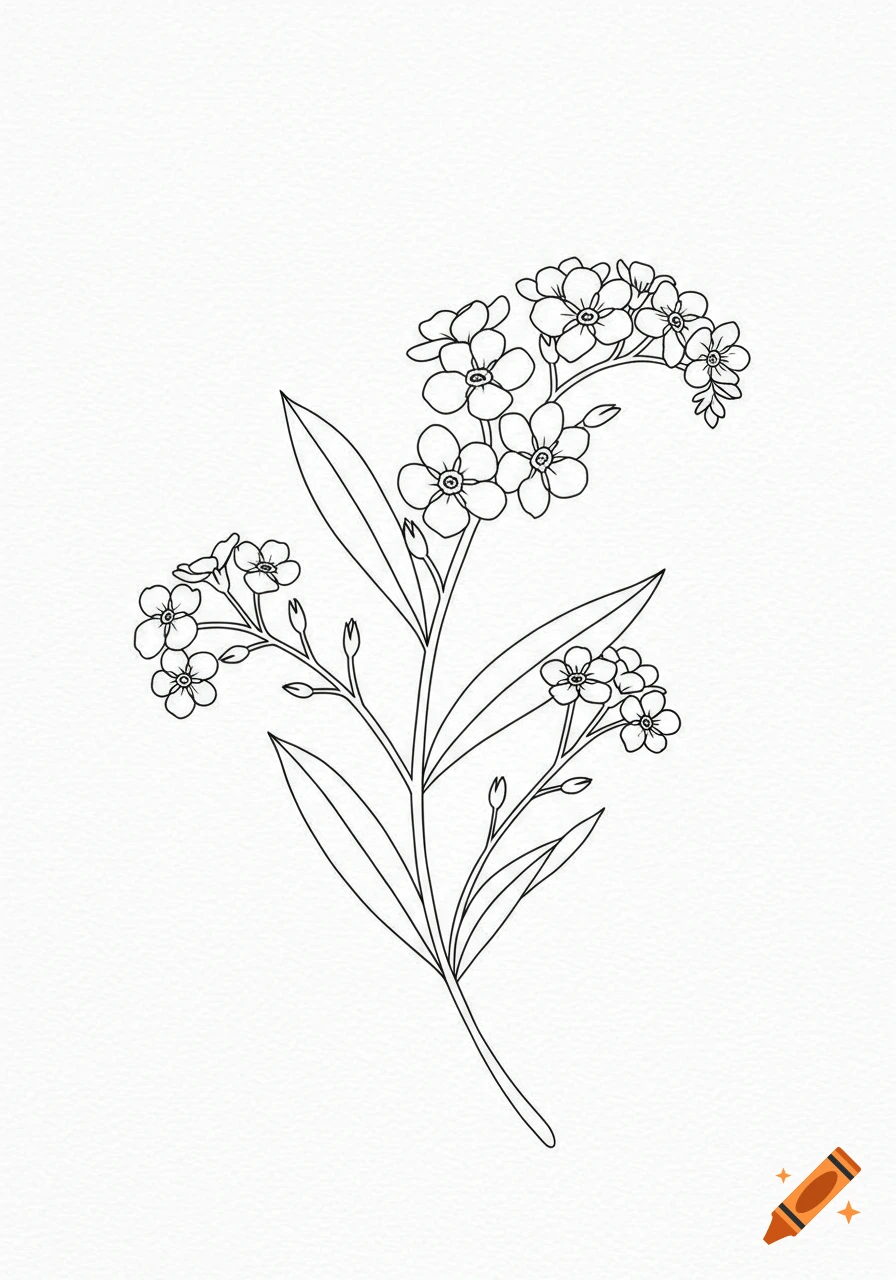 A fineline sketch of forget-me-not flowers.
