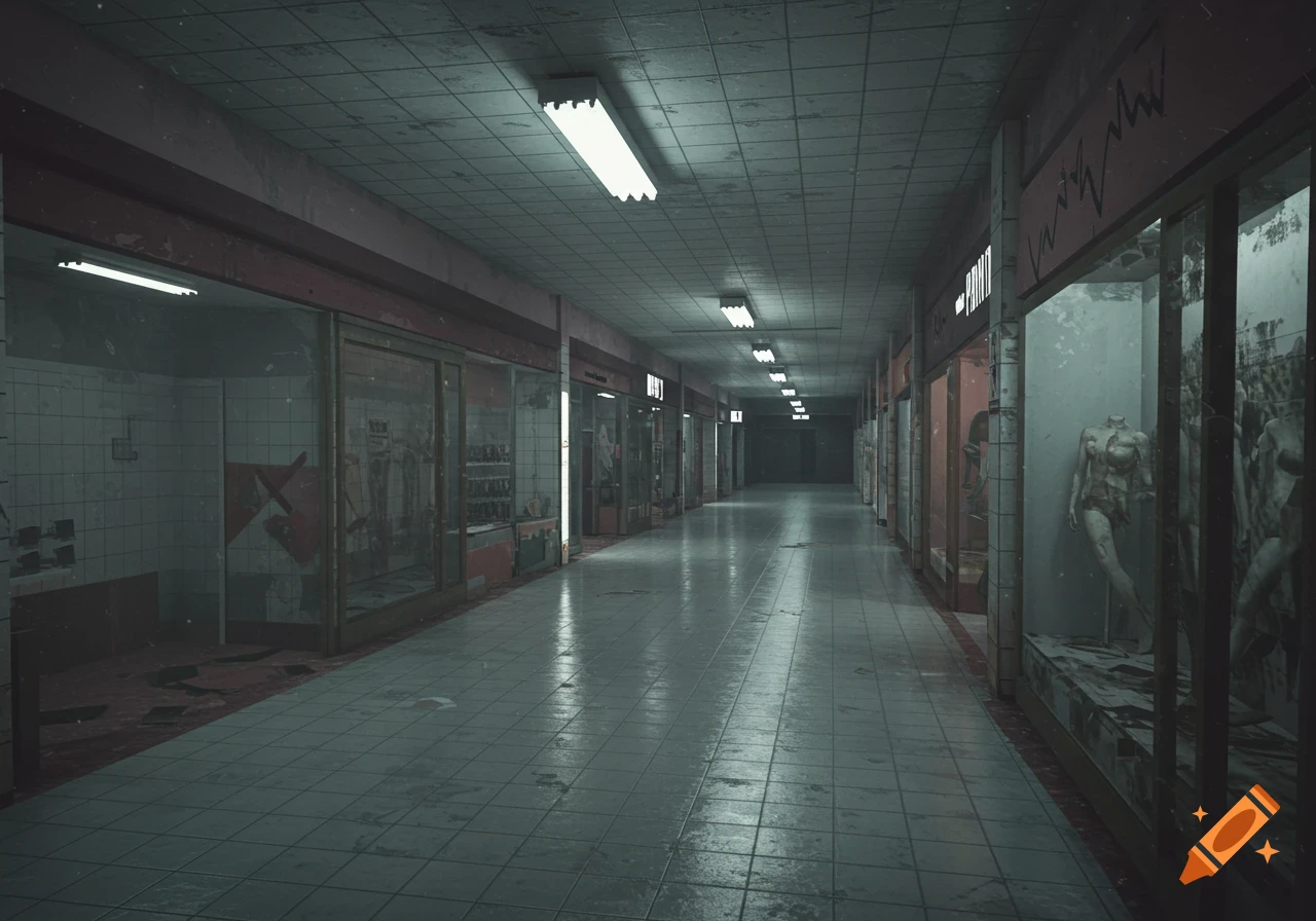 A dimly lit, abandoned mall hallway with flickering fluorescent lights, dirty tiled floors, and empty, broken display cases along the sides.