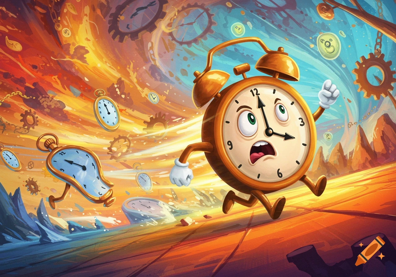 A cartoon alarm clock with arms and legs runs frantically past a melting pocket watch and other clocks in a surreal, swirling landscape of orange and blue.