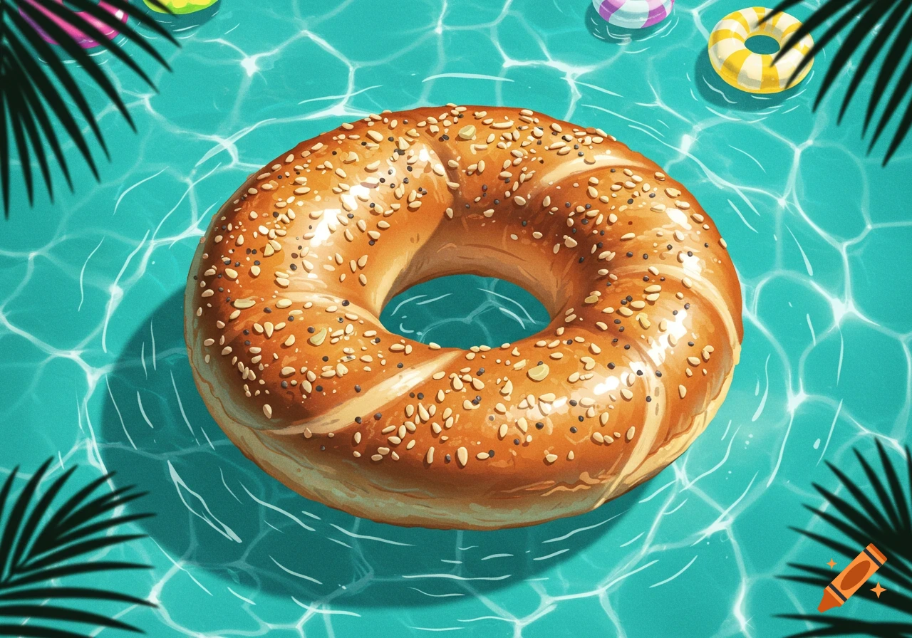 An illustrated everything bagel pool float drifts in a bright blue swimming pool, with palm leaves and other small floats visible.