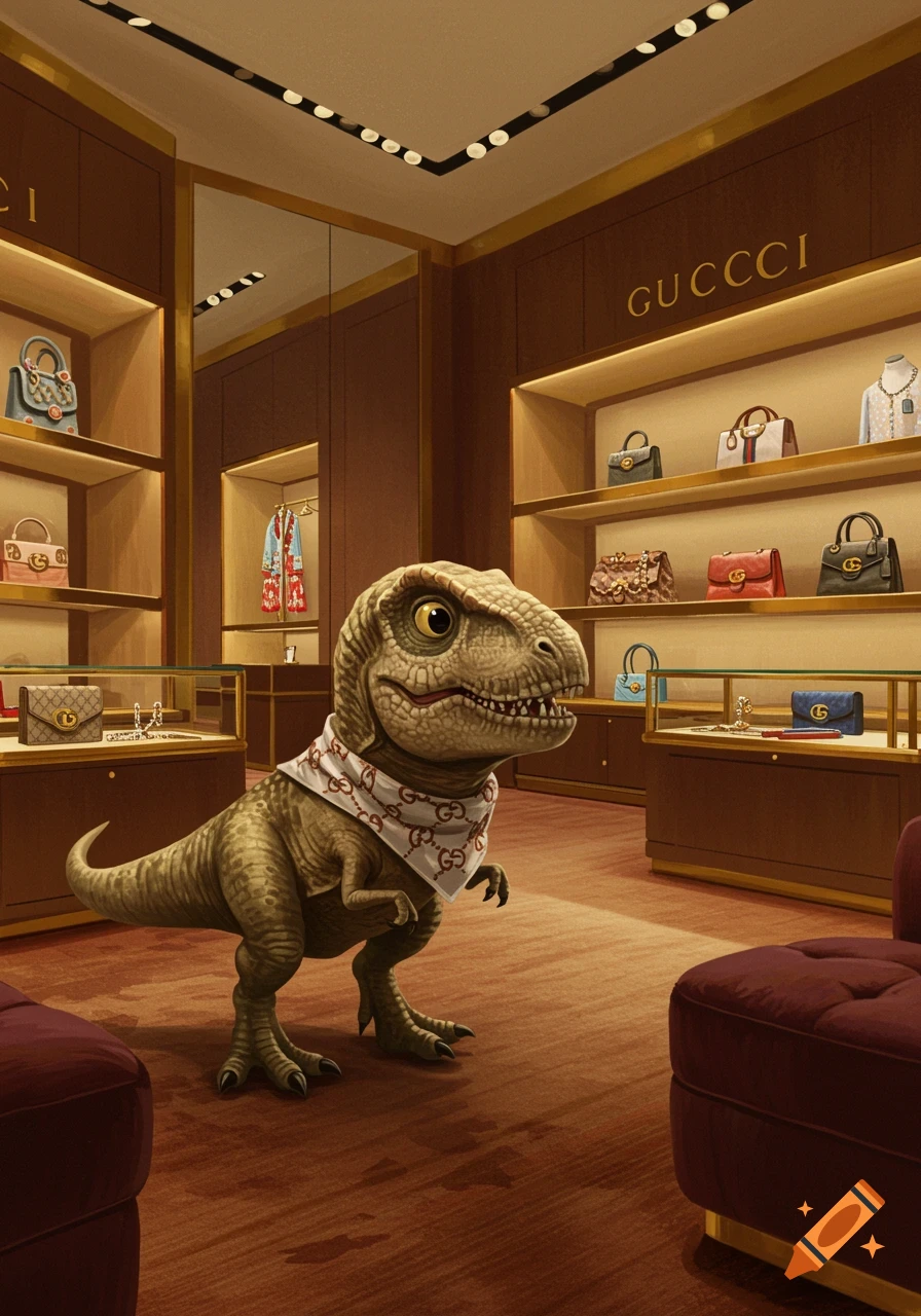 A cute baby T-Rex wearing a Gucci bandana stands in a luxurious Gucci store, surrounded by handbags.