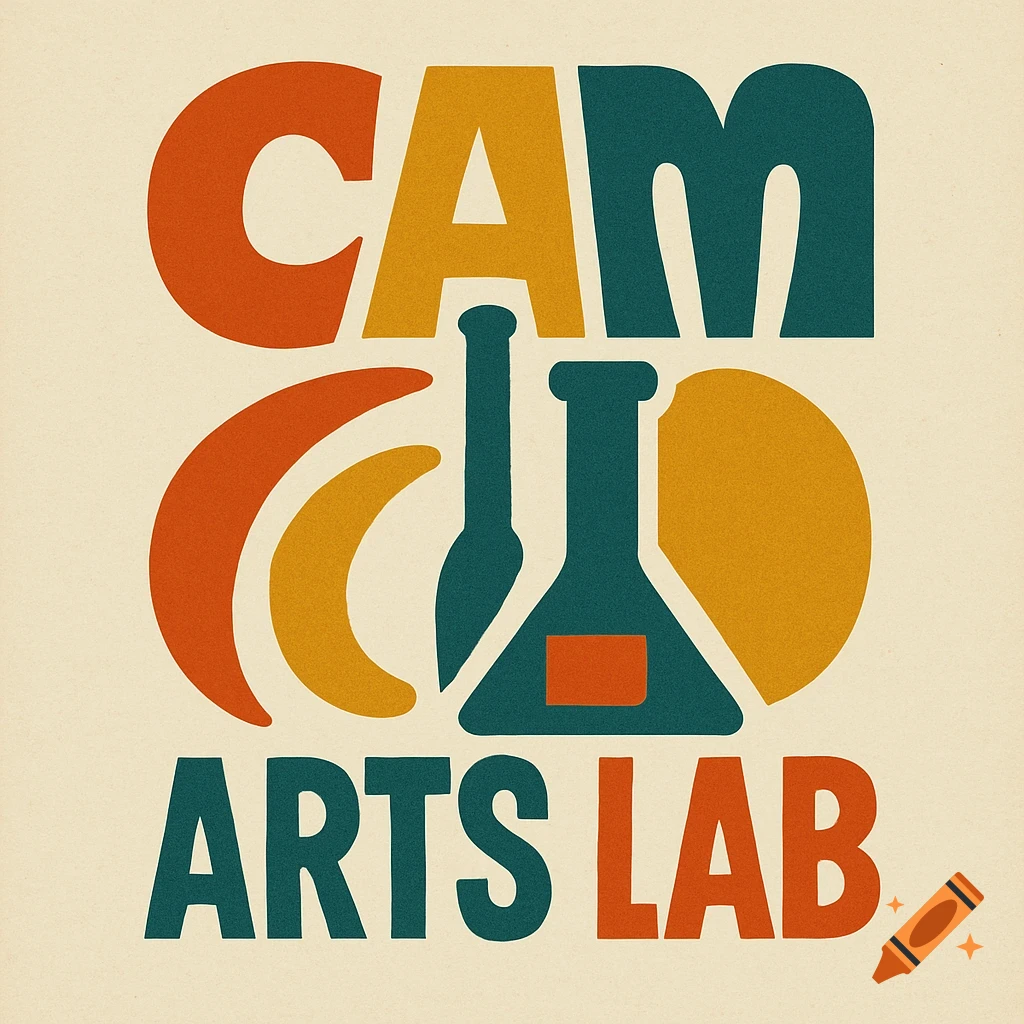 A retro-style logo for 'CAM ARTS LAB' featuring stylized text in orange, gold, and teal, with abstract shapes.