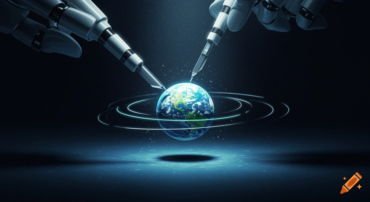 Two robotic hands with blade-like fingers interact with a glowing Earth surrounded by orbits in a futuristic, dark setting.
