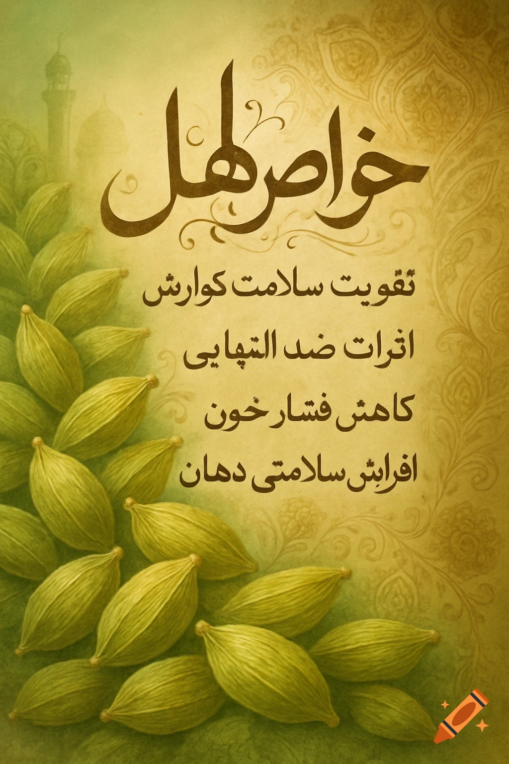Green cardamom pods with brown Persian calligraphy listing benefits on a green and gold background with faint architectural patterns.