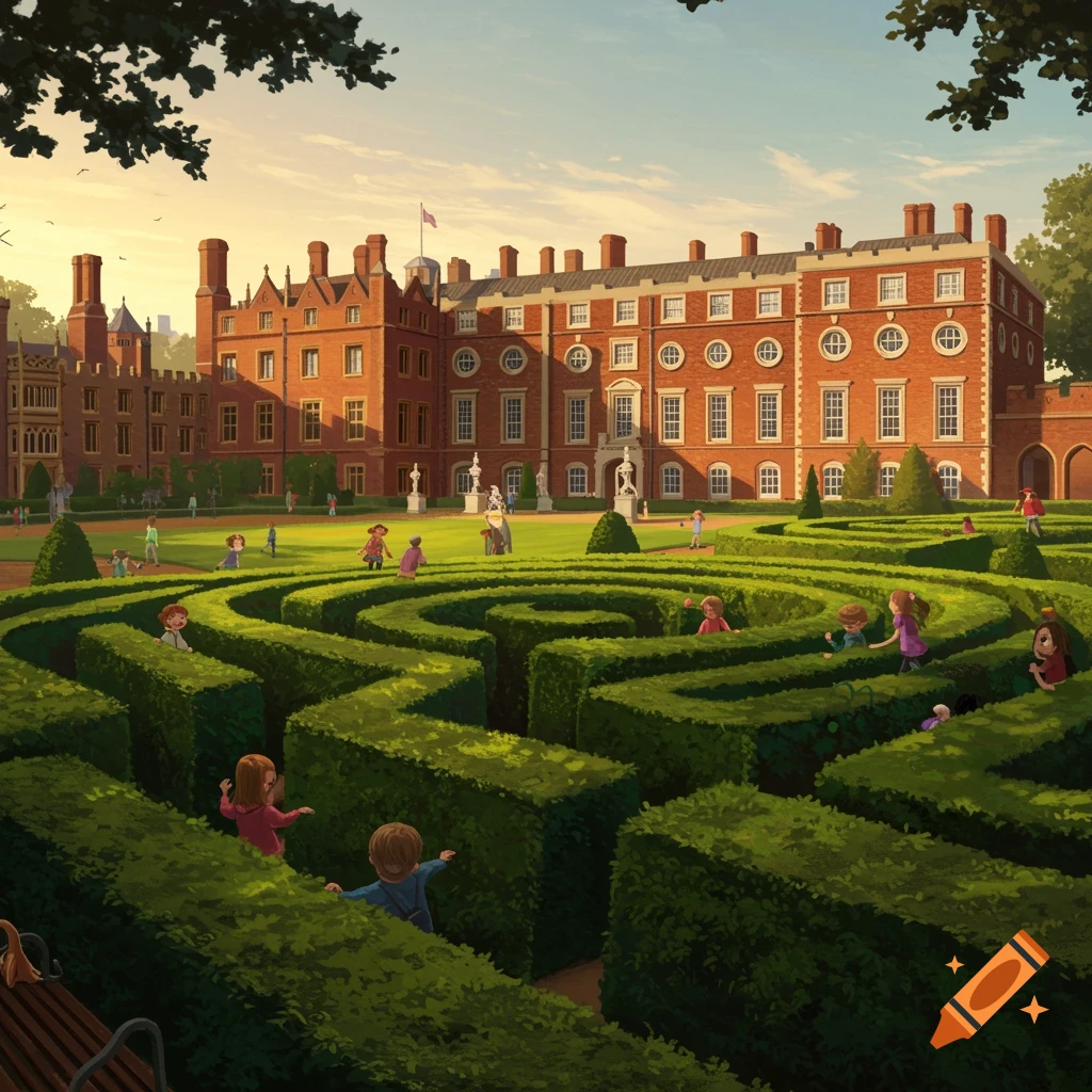 Children play in a large hedge maze in front of a grand red-brick palace under a bright sky.