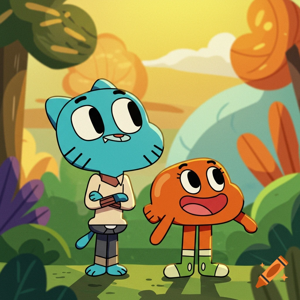 Cartoon characters Gumball and Darwin standing in a colorful outdoor setting at sunset.