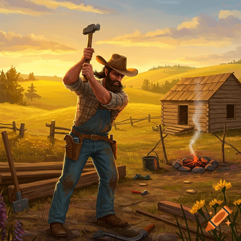 An illustration of a bearded man in a cowboy hat and overalls swinging a hammer next to a log cabin at sunset in a rural field.