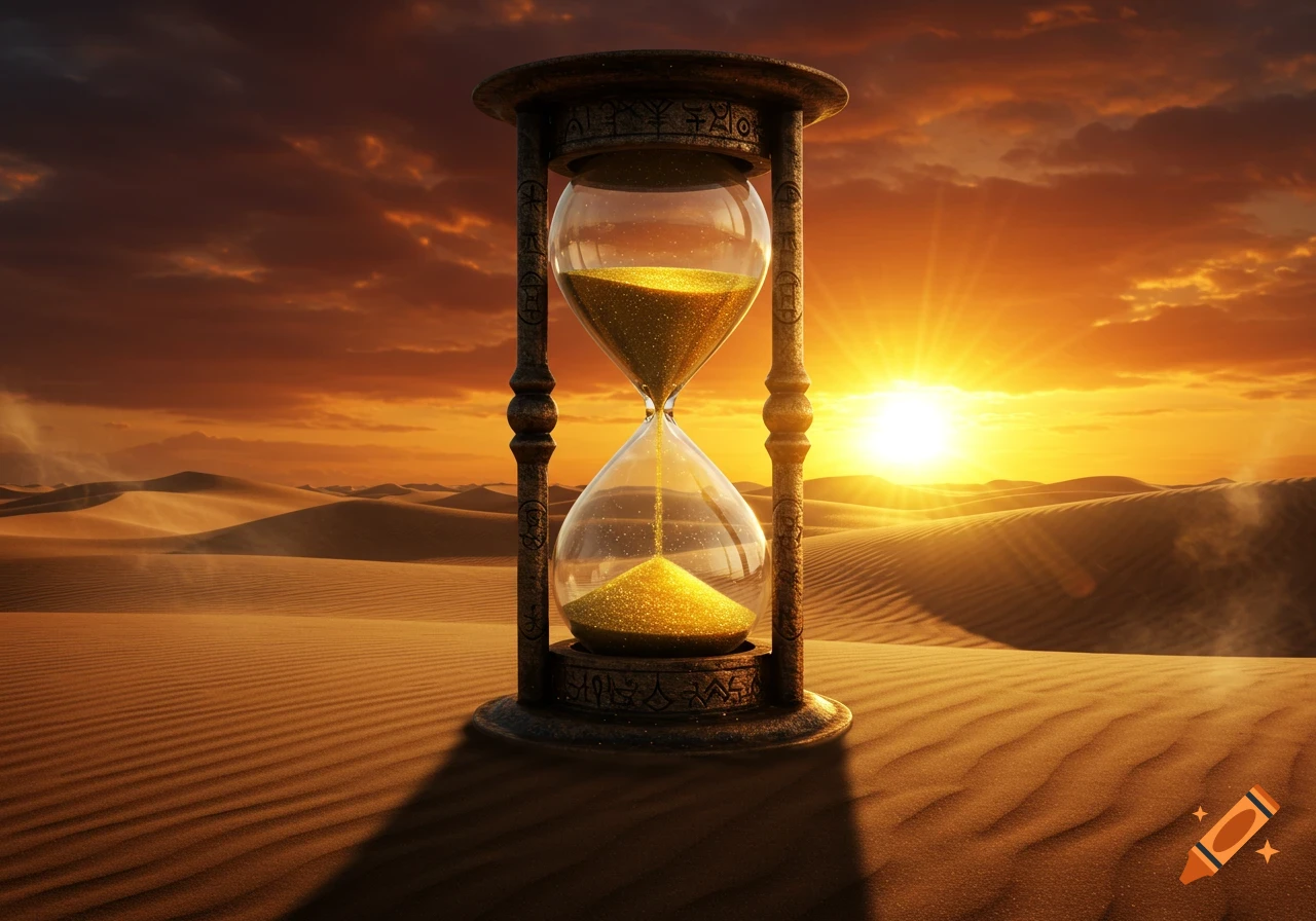 A photorealistic image of an hourglass with sand flowing, centered in a vast desert landscape at sunset.