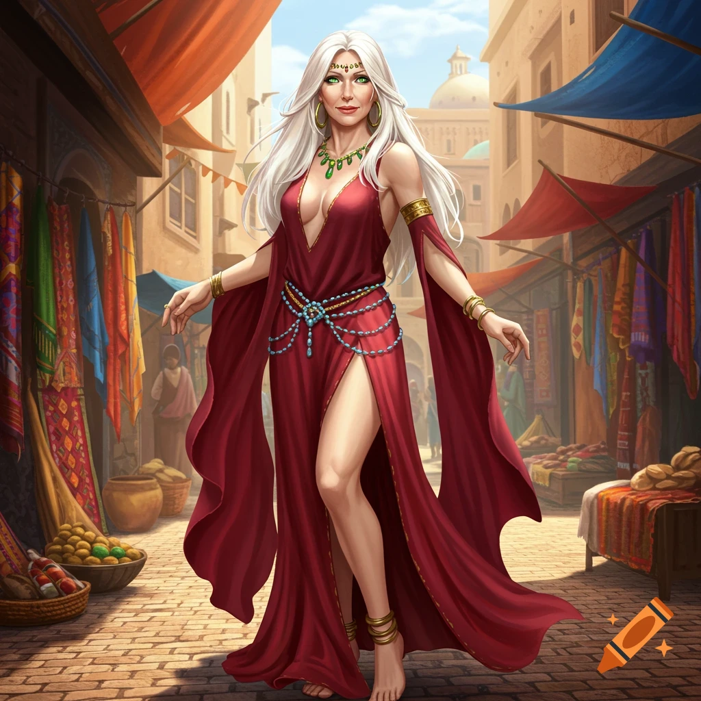 A highly detailed illustration of an older woman with long white hair in a flowing red, high-slit dress and jewelry walking through an exotic market.