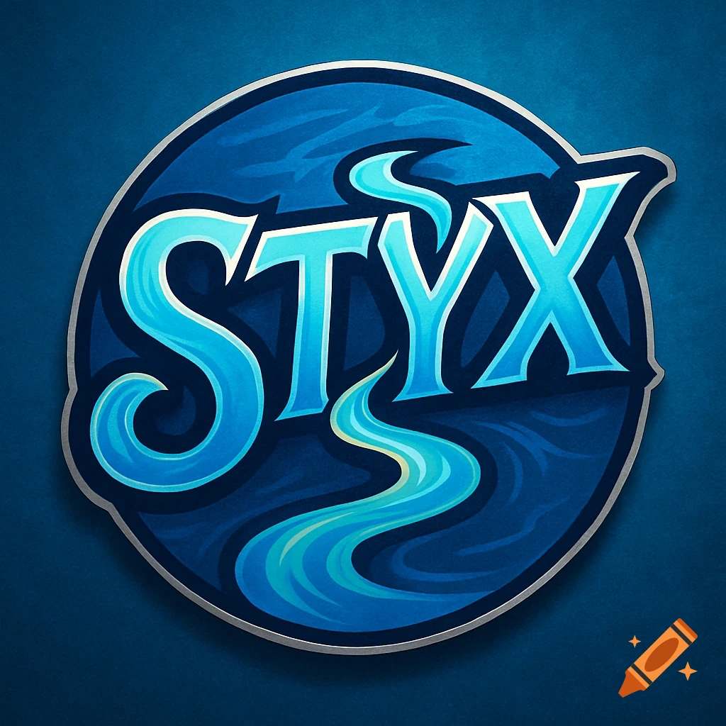 A circular blue logo featuring the word STYX in light blue, with a stylized river flowing through the letters, outlined in silver.