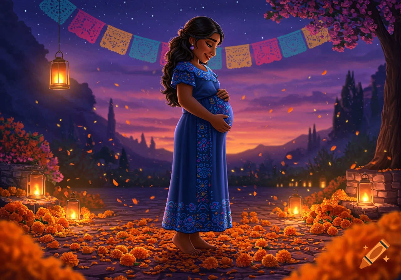 An animated pregnant woman in a blue dress stands smiling amidst glowing marigold flowers and lanterns under colorful papel picado banners at night.