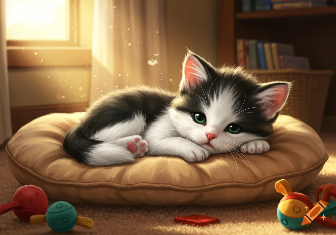 A fluffy black and white kitten with green eyes lies on a brown pillow, bathed in sunlight.