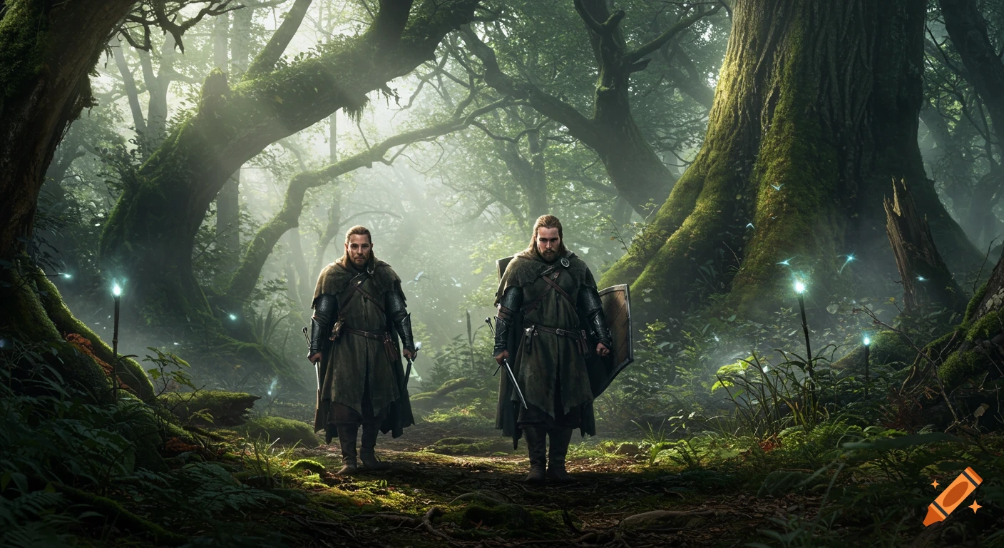 Two identical warriors in medieval gear stand in a sunlit, mossy, ethereal fantasy forest with glowing lights.