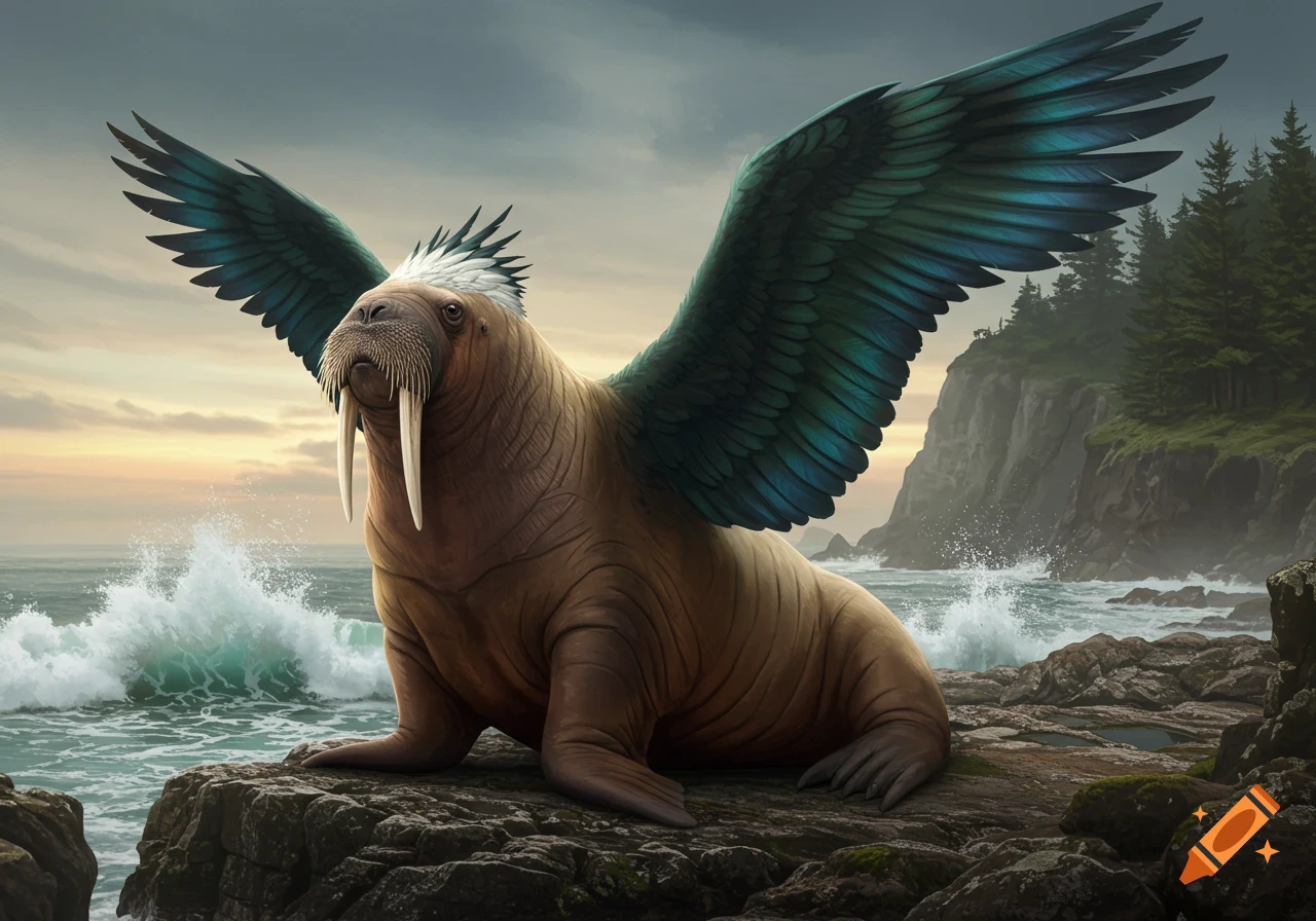 A majestic winged walrus, a hybrid of a walrus and a raptor, stands on a rocky coastline with ocean waves behind it at sunset.