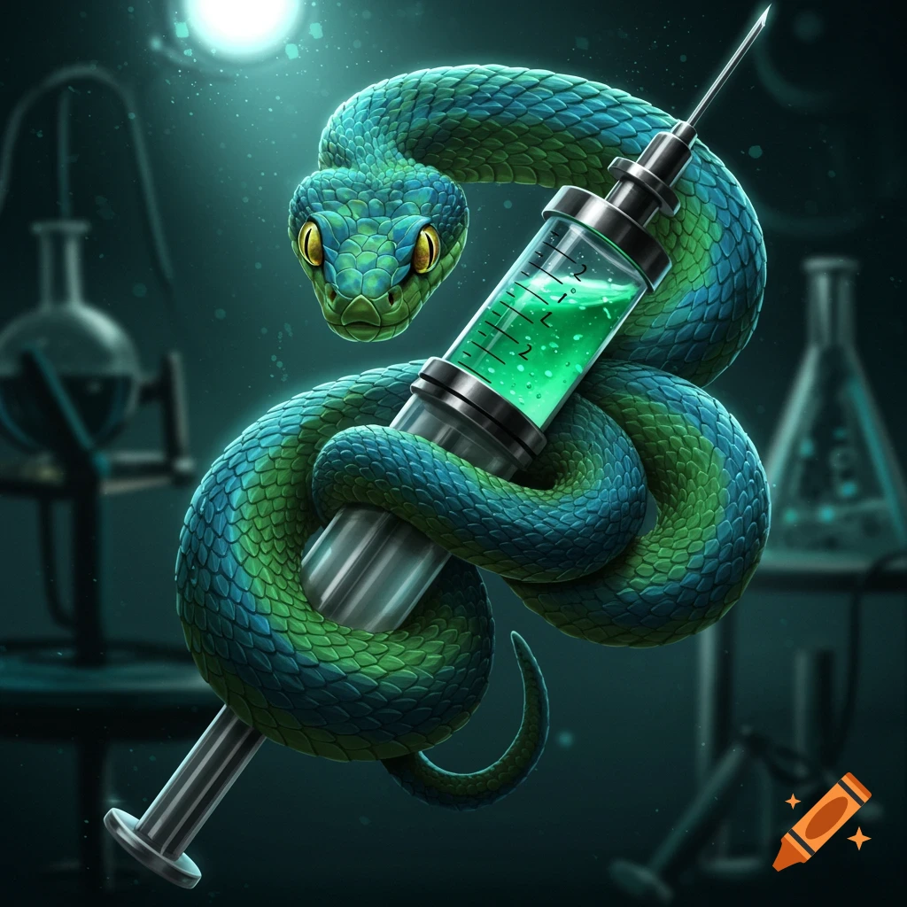 A green and blue snake wrapped around a large syringe filled with glowing green liquid, in a dark laboratory setting.