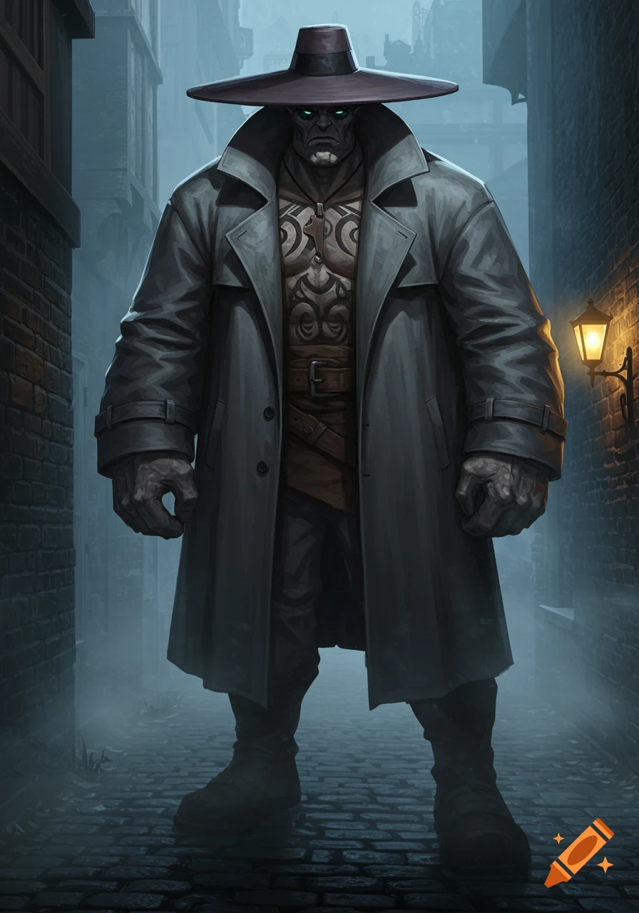 A hulking, menacing Goliath figure in a grey trenchcoat and wide-brimmed hat stands in a foggy, dark alley, lit by a single street lamp.
