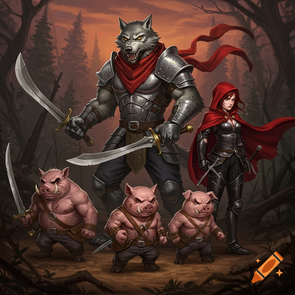 A towering armored wolf warrior with swords, a female warrior in black armor and red cape, and three armed pig warriors stand in a dark fantasy forest.