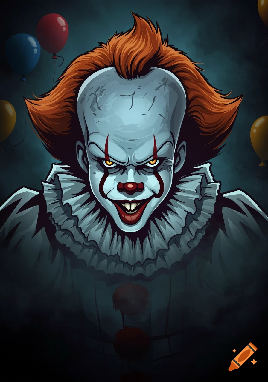 Stylized illustration of Pennywise the clown with a menacing smile and glowing eyes, surrounded by red, blue, and yellow balloons.