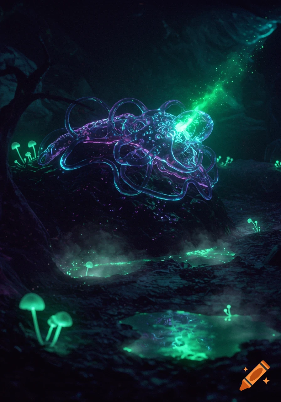 A vibrant alien creature made of glowing purple and blue tubes in a dark cave with luminescent green mushrooms and reflective pools.