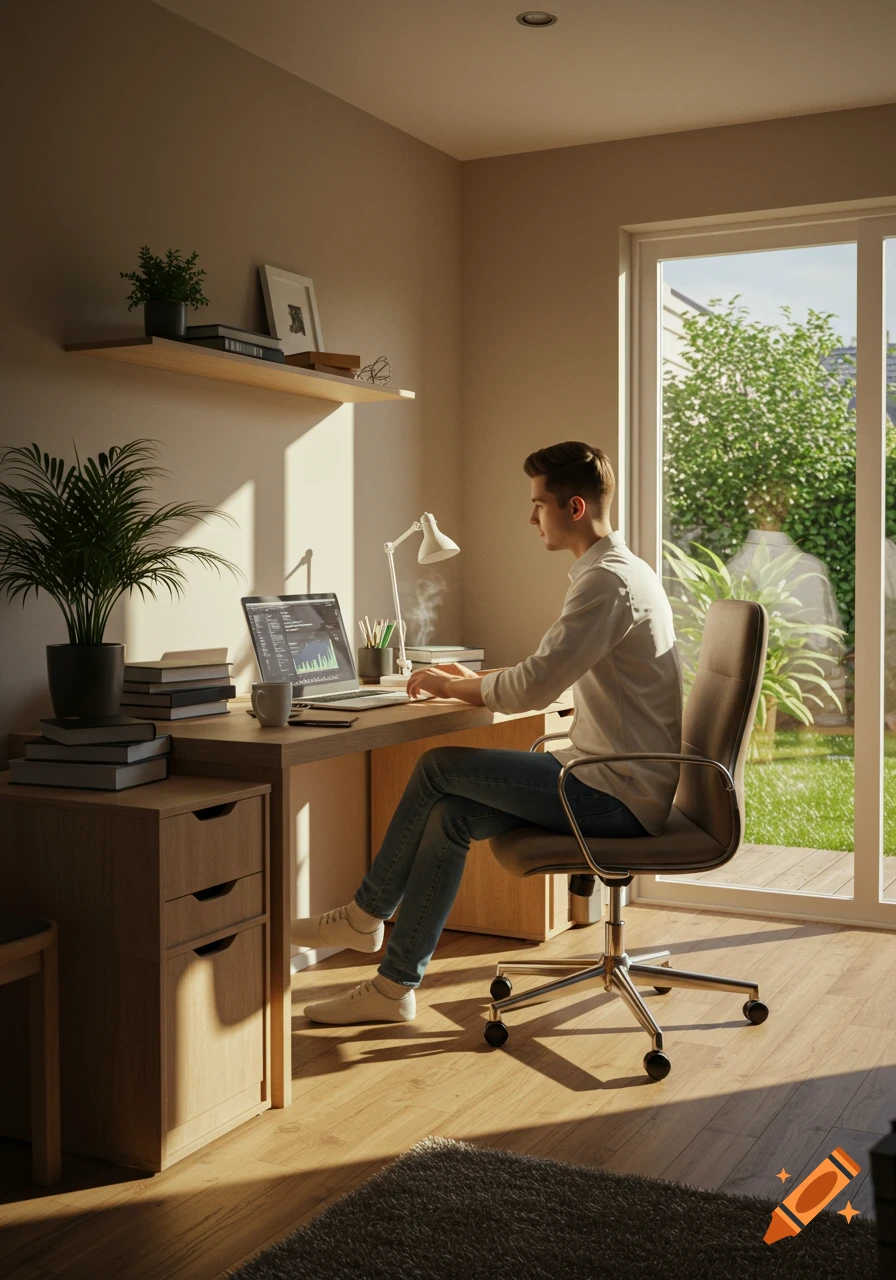 A man in a white shirt and jeans works on a laptop at a wooden desk in a sunlit home office with a plant and a window overlooking a garden.