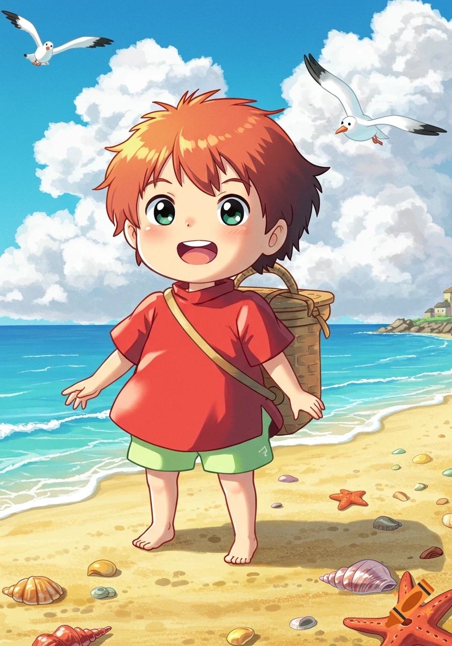 A chibi-style anime boy with red hair and green eyes, wearing a red shirt and green shorts, stands barefoot on a sunny beach with seashells and two seagulls flying overhead.