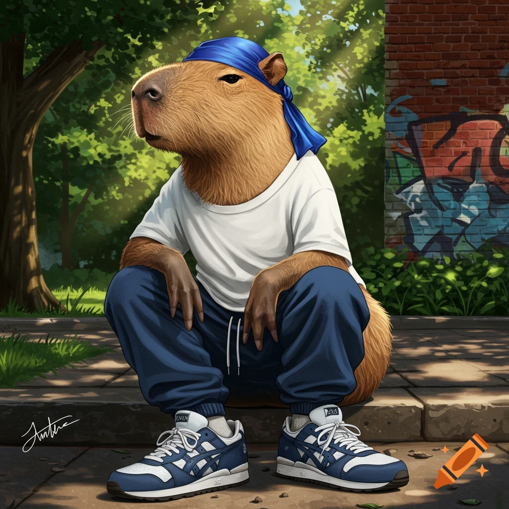 A stylized capybara wearing a blue durag, white t-shirt, blue baggy sweatpants, and blue and white sneakers, squatting on a sidewalk with trees and a brick wall with graffiti in the background.