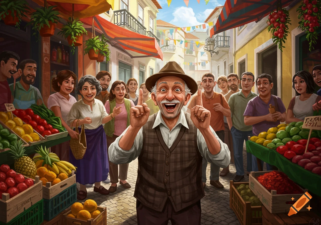 A jovial elderly man with a mustache and hat laughs and points, surrounded by a crowd of smiling people in a bustling outdoor market street with fruit and vegetable stalls.
