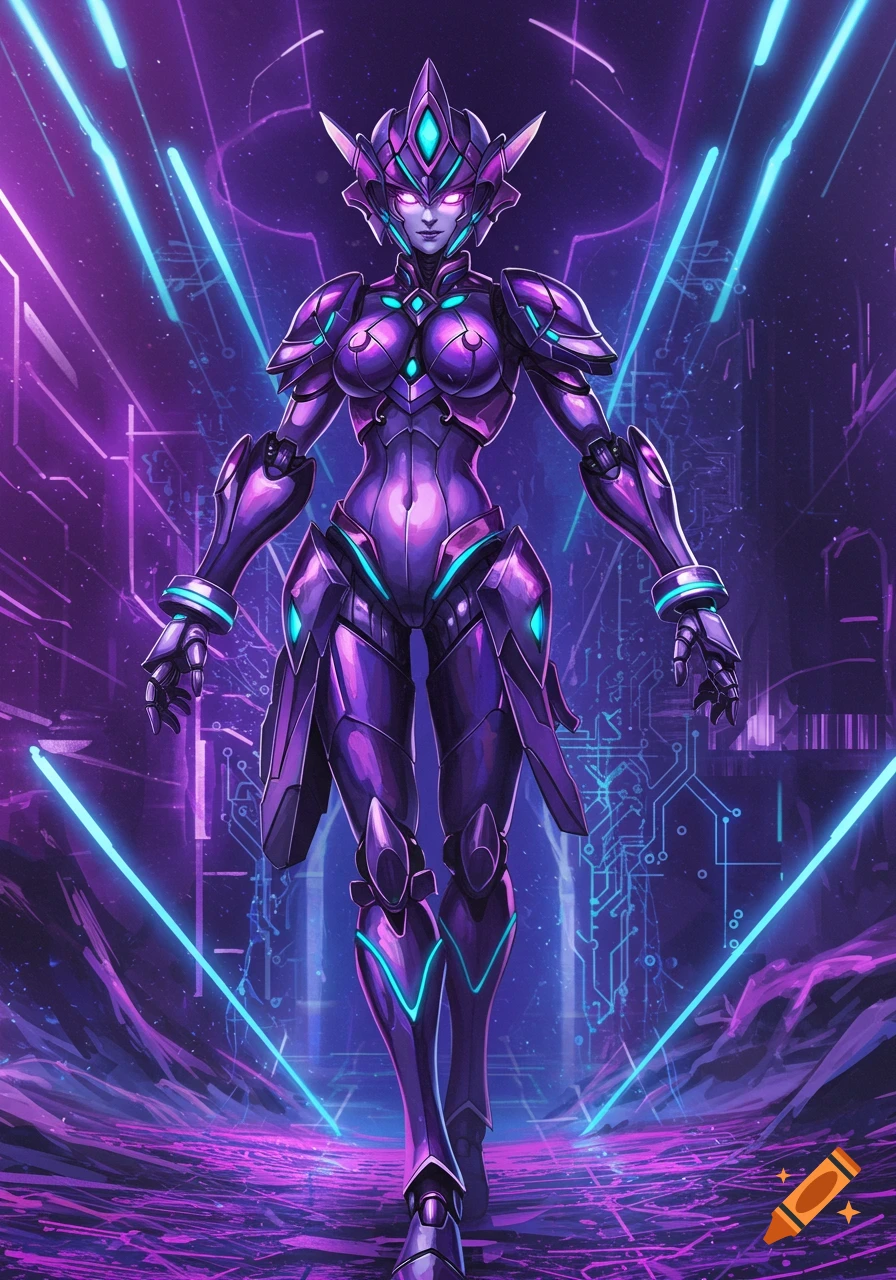 A purple armored robot-like character stands in a neon-lit, futuristic cybernetic environment with blue lasers.
