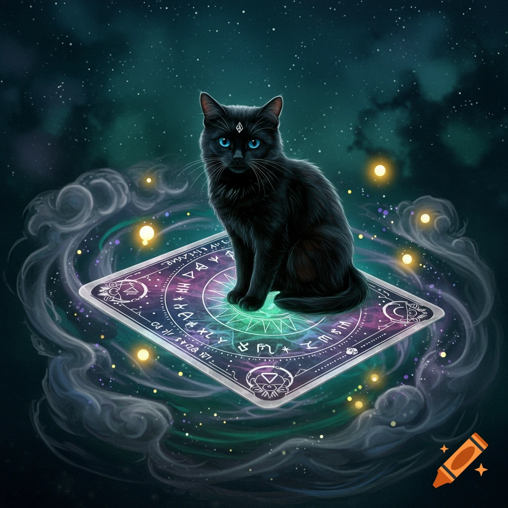 A mystical black cat with bright blue eyes sits on a glowing, ornate tarot-like card amidst swirling cosmic energy and stars.