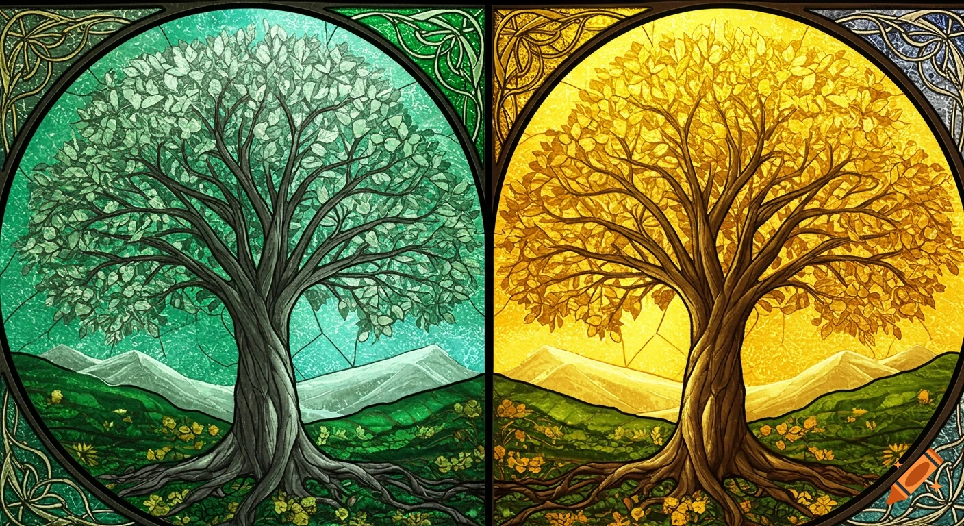 Two circular stained glass panels depict the Two Trees of Valinor, one with green leaves on a teal background and the other with gold leaves on a yellow background, with mountains and hills below.