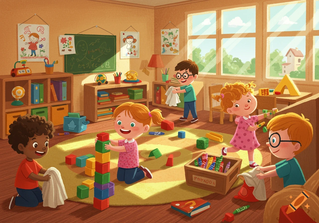 Cartoon kids playing and tidying up a sunlit kindergarten classroom with toys.