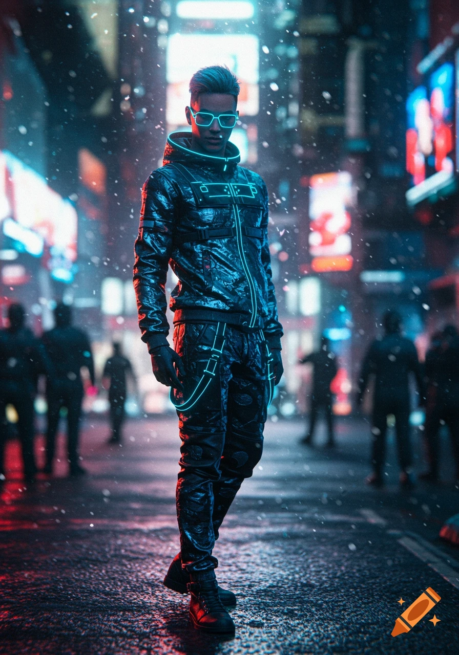 A person in glowing cyberpunk attire stands on a snowy urban street at night, surrounded by neon lights.