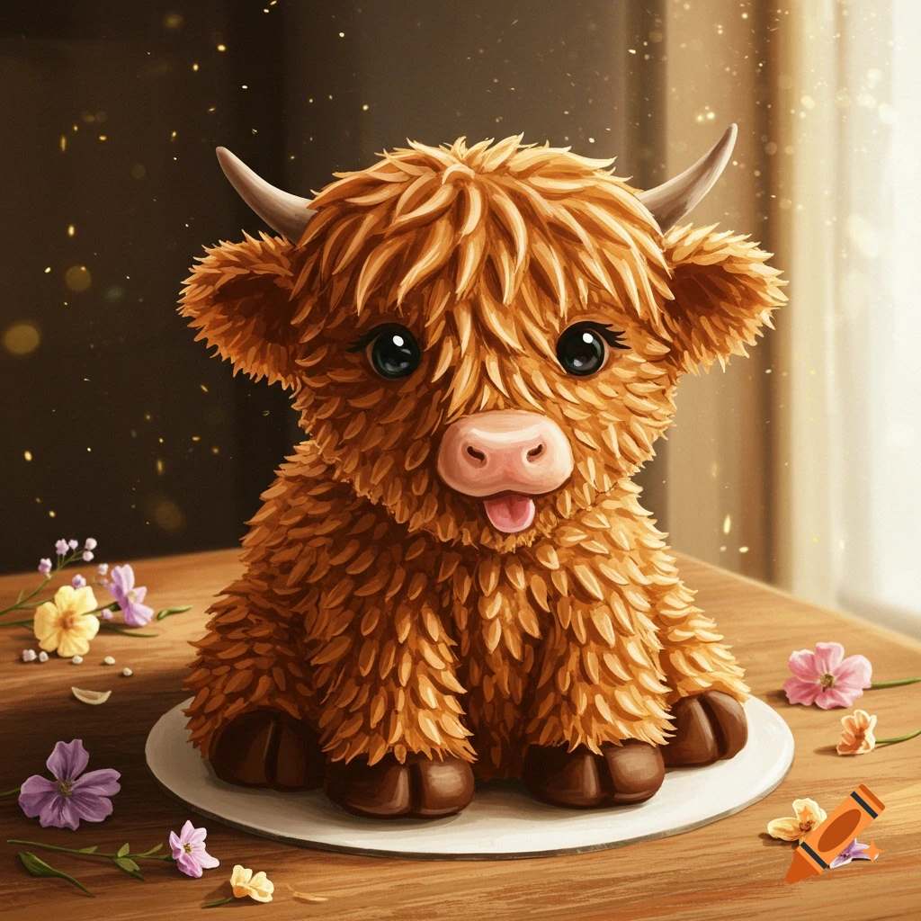 A cute, fluffy brown highland cow cake with large eyes and a pink nose, sitting on a white plate on a wooden table with scattered flowers.